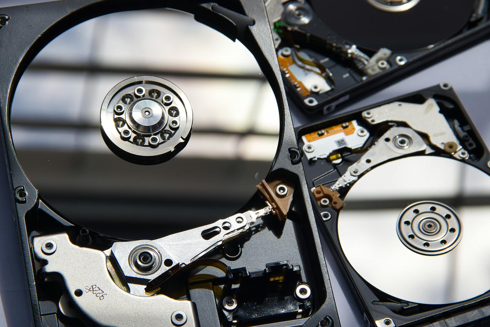 Detailed view of disassembled hard drives showcasing technology and hardware components.